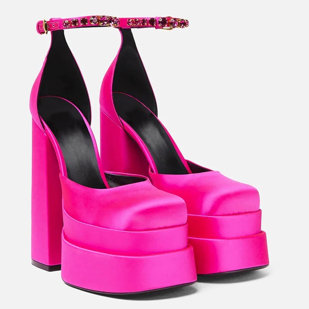 Pink satin embellished platform heels with crystal ankle strap💎 size 37